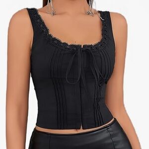 New! HTZMO Women's Sleeveless Lace Neckline Tie Up Cute Tank BustierTop Medium